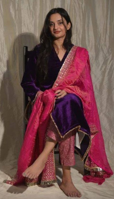 Velvet Kurta Set, Velvet Anarkali, V Neck Kurta, Contrast Dupatta, Purple Plain, Velvet Kurta, Monday Outfit, Lehnga Dress, Anarkali Dress Pattern