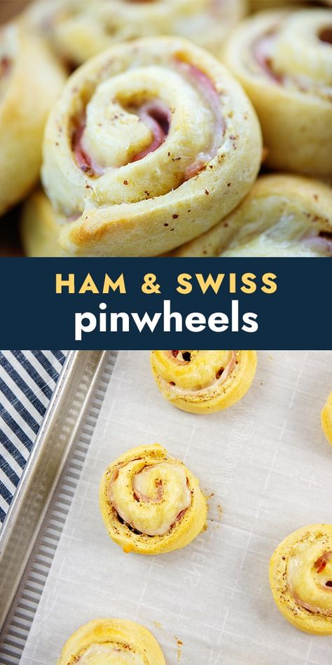 These cheesy ham pinwheels are the perfect snack! Serve hot or at room temperature. Party Food Room Temperature, Ham And Swiss Pinwheels, Bunko Food, Bunco Snacks, Room Temperature Appetizers, Ham Pinwheels, Hot Ham And Cheese, Ham And Cheese Pinwheels, Buns In My Oven