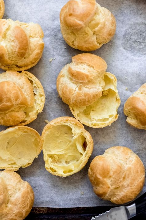 Cream puffs are made from a choux pastry (aka pâte à choux) which is just a light pastry dough made with flour, eggs, butter, and water. The puffed up hollow shells are perfect for filling with pastry cream or whipped cream for an easy, elegant dessert! #creampuffs #best #easy #classic #french #chouxpastry #recipe #dessert #filling #homemade #howtomake Easy Cream Puffs Recipe, French Cream Puffs, Cream Puffs Recipe Easy, Homemade Cream Puffs, Pastries Recipes Dessert, Pastry Cream Filling, Classic French Desserts, Eclair Recipe, French Cream