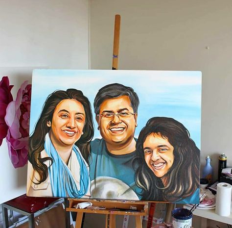 Hand Painted Portrait if Indian Family. shipped to Kolkata Portrait Background Ideas, Family Portrait Painting, Indian Couple, Indian Family, Portrait Background, Family Painting, Background Ideas, Portrait Paintings, Couple Portrait