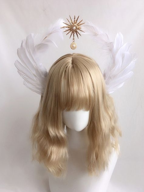 Angel Wings Headband, Angelic Hairstyles Aesthetic, Halo Design Angel, Angel Headpiece, Angel Hat, Angelic Hair, Lucy Costume, Goddess Headband, Diy Angel Wings