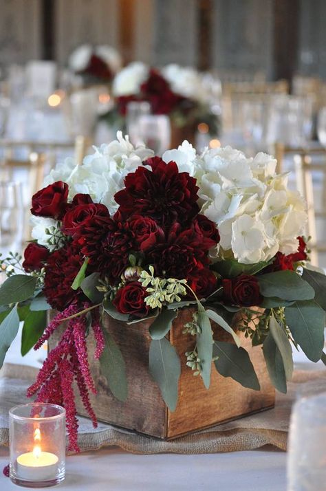 Rustic Wedding Centerpiece, with bold burgundy florals. || San Diego Wedding || The Prado in Balboa Park. Burgundy Anniversary Decorations, Burgundy Wedding Table Flowers, Maroon And White Centerpieces, Burgundy And Champagne Centerpieces, Maroon Centerpieces, Burgundy Flower Centerpieces, Burgundy Centerpiece Wedding, Antler Wedding Centerpieces, Elegant Fall Wedding Centerpieces