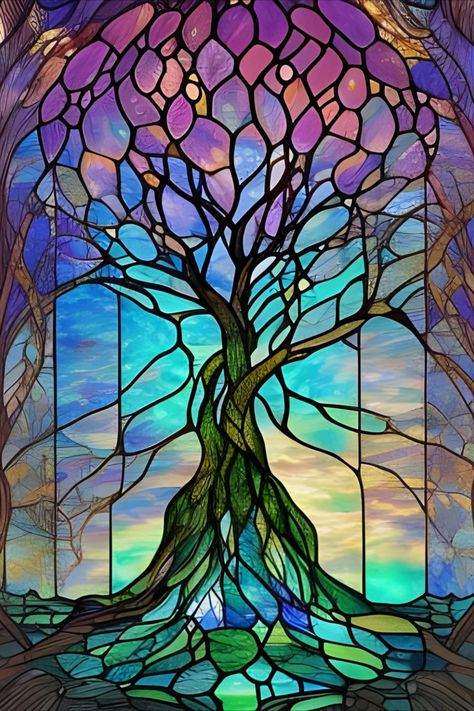 Beautiful, colorful, faux stained glass image of a tree Stain Glass Window Art, Glass Window Art, Stained Glass Paint, Stained Glass Diy, Stained Glass Crafts, Art Stained, Stained Glass Designs, Faux Stained Glass, Window Art