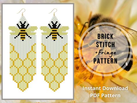 Honeycomb Beaded Earrings, Bee Fringe Earrings, Beaded Bee Earrings, Seed Bead Brick Stitch Pattern, Beaded Bee Pattern, Beaded Honeycomb, Bee Brick, Delica Beaded Earrings, Brick Stitch Earrings Pattern