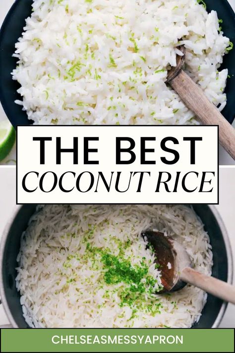 Coconut Rice is a fun twist on regular rice, perfect as a side or a base for many dishes! This recipe is rich, creamy, slightly sweet, with a subtle coconut flavor and a hint of lime freshness. Coconut White Rice Recipe, Sweet Coconut Rice Recipe, Sweet Coconut Rice, Coconut Lime Rice, Coconut Rice Recipe, White Rice Recipes, Chelsea's Messy Apron, Lime Rice, True Food