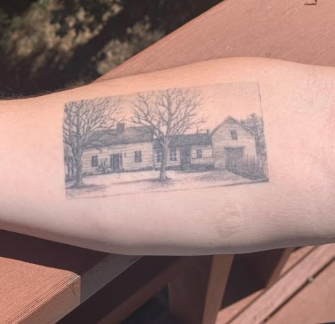 Small Town Tattoo Ideas, Childhood House Tattoo, Childhood Home Tattoo, Childhood Tattoo Ideas, Childhood Tattoos, New York Tattoos, Pillow Tattoo, House Tattoo, Scene Tattoo