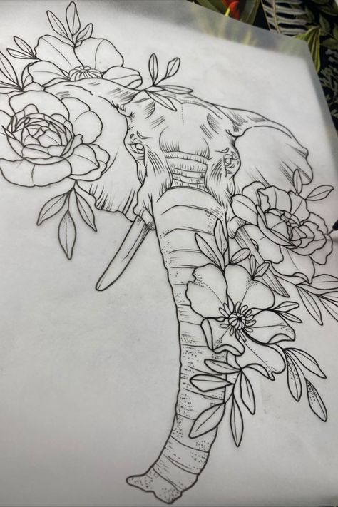 Elephant Tattoos Thigh Flowers, Elephant Back Tattoo Women Spine, Elephant Sleeve Tattoos For Women, Elephant With Flowers Tattoo, Elephant Flower Tattoo, Elephant Shoulder Tattoo, Elephant Tattoos Thigh, Elephant Tattoos With Flowers, Emily Tattoo