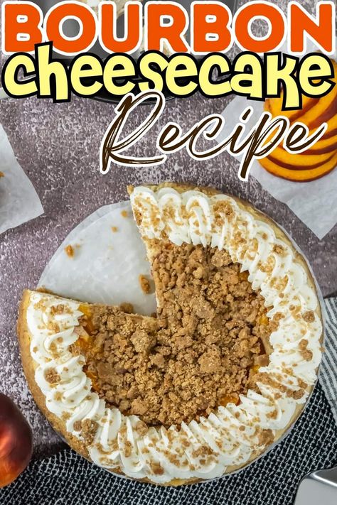 Enjoy a deliciously creamy Bourbon Peach Cheesecake topped with a crunchy streusel. This easy cheesecake recipe is perfect for summer parties or cozy fall evenings. Experience a unique, boozy twist on a classic dessert! Bourbon Cheesecake Recipes, Bourbon Cheesecake, Easy Cheesecake Recipe, Peach Cheesecake, Mexican Salads, Hearty Comfort Food, Crock Pot Desserts, Fall Nights, Classic Cheesecake