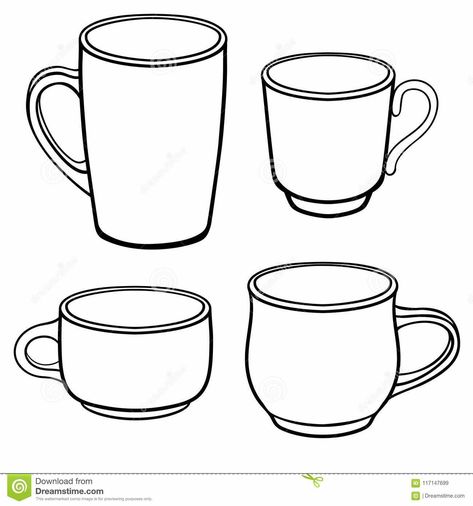 Drawing For Coloring, Mug Drawing, Cups And Mugs, Different Shapes, Tea Mugs, Ceramic Pottery, Image Illustration, Tea Cup, Line Drawing