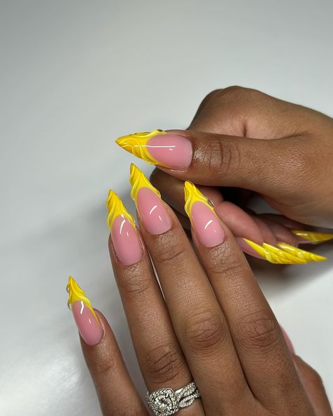 Have a blessed week 💛 #dovenailsbysharon #apresgelx #gelx Almond Shape Nails Summer Colors, Colour Nails Ideas, Medium Almond Nails Designs Summer, Funky Almond Nails Designs, Colourful Nails Designs, French Nails Stiletto, Yellow Stiletto Nails, Yellow French Tip Nails, Yellow French Tips