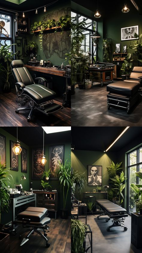 Boho Tattoo Shop Decor, Masculine Salon Decor, Black And Green Lash Room, Tattoo Room Aesthetic, Black Walls Aesthetic, Dark Green Salon Decor, Tattoo Salon Design Ideas, Tattoo Shop Ideas Studios, Green Tattoo Studio