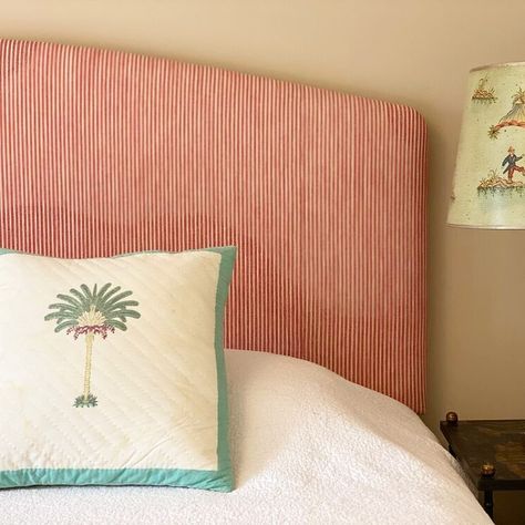 Headboards & Ottomans on Instagram: “Our Georgie headboard in a pink ticking @fermoie fabric. This headboard was made to a bespoke height to accommodate some original oak beams…” Peach Headboard, Fermoie Fabric, Pink Ticking, Pink Barn Headboard, Caitlin Wilson Blush Stripe Wallcoverings, Fermoie Fabric Headboard, Kit Kemp Headboards, Oak Beams, Headboards