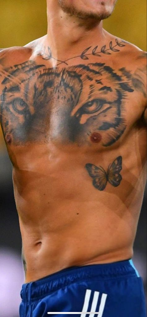 Men’s Belly Tattoos, Whole Chest Tattoo For Men, Tiger Eyes Chest Tattoo, Tattoo Inspiration Men Chest, Tattoo Belly Man, Mens Belly Tattoo, Ilia Topuria Tattoo, Chest And Arm Tattoo Men, Men Side Tattoos