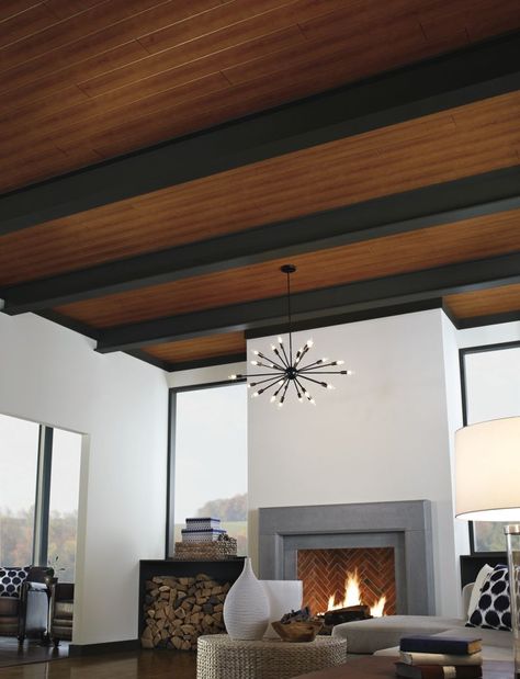 Fan of a modern look? WOODHAVEN planks in Natural Cherry create a beautiful contrast with black beams and modern home accents! #ArmstrongCeilings #Modern #ModernHome #LivingRoom Ceiling Inspiration, Easy Renovations, Exposed Beams Ceiling, Wood Plank Ceiling, Armstrong Ceiling, Plank Ceiling, Porch Ceiling, Beadboard Ceiling, Wooden Ceiling