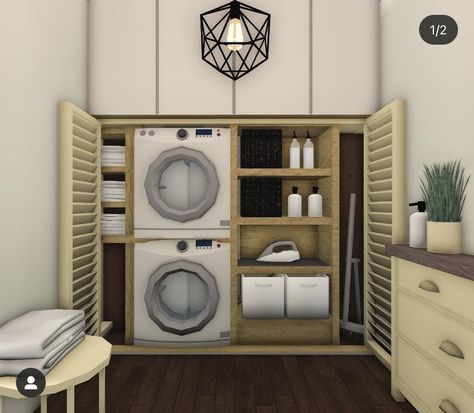 Closet Ideas For Bloxburg, Washroom Bloxburg, Cool Things To Add To Your Bloxburg House, Bloxburg Cubby Ideas, Bloxburg Storage Closet Ideas, 2x2 Bloxburg Laundry Room, Bloxburg Laundry Room Ideas 2x2, Closet Idea Bloxburg, Kitchen Hacks Bloxburg