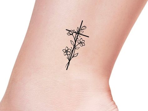 Wildflowers Cross Temporary Tattoo / Floral Cross / Cross | Etsy Small Cross Tattoos, Simple Cross Tattoo, Cute Tattoos On Wrist, Tattoo Floral, Cross Tattoos For Women, Watercolor Hummingbird, Cross Tattoos, Western Tattoos, Religious Tattoo