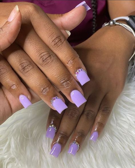 Expensive Acrylic Nail Designs, Purple Kaws Nails Short, Baddie Short Acrylic Nails Square White, Purple Overlay Nails, Short Acrylic Nails Square Vacation, Purple Kaws Nails, Pink Nails Square Short, Purple Simple Nails, Unique Acrylic Nails Short