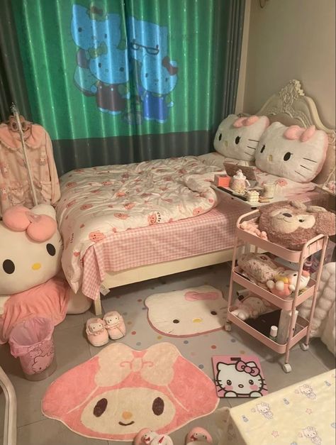 #aesthetic #sanrio #kpop #chinese #korean #yellow #blue #pink #bedroom Blue Pink Bedroom, Hello Kitty Room Aesthetic, Cosy Bedroom Decor, Sanrio Bedroom, Aesthetic Sanrio, Hello Kitty Room Decor, Hello Kitty Bed, Hello Kitty Bedroom, Hello Kitty Rooms