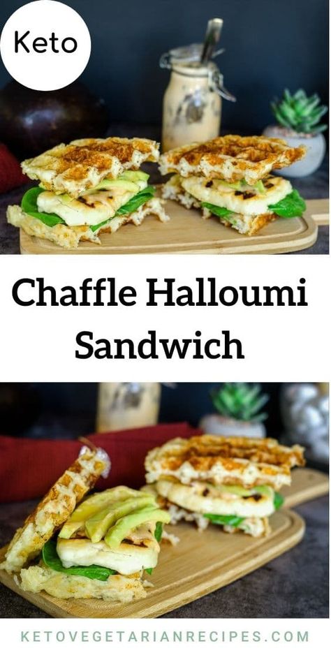 Enjoy a hearty keto vegetarian lunch with halloumi and avocado chaffle sandwich. Avocado Toast Chaffle, Keto Halloumi Recipes, Avocado Chaffle, Halloumi Sandwich, Halloumi Avocado, Chaffle Sandwich, Halloumi Recipes, Keto Sandwiches, Haloumi Recipes