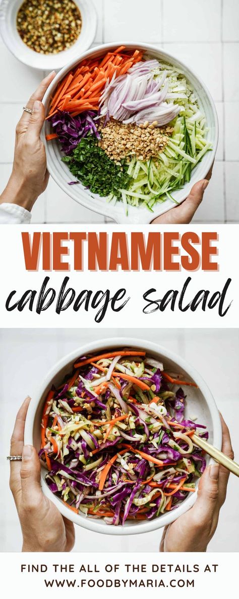 Vietnamese Salad Dressing Recipes, Vietnamese Cabbage Salad, Summer Cabbage Recipes, Cabbage Based Salads, Long Lasting Salads, Vietnamese Salad Dressing, Vietnamese Salad Recipes, Healthy Vietnamese Food, Cabbage Salad Asian