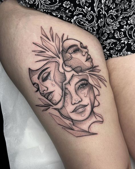 Double Faced Tattoo, Japanese 3 Faces Tattoo, Broken Face Tat, Theatre Faces Tattoo, Cracked Face Tattoo, Two Faces Tattoo Woman, Escapism Tattoo, Front Calf Tattoos For Women, Self Reflection Tattoo