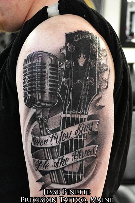 guitar tattoos | Guitar, Microphone tattoo and Tattoos and body art on Pinterest Cash Tattoos, Johnny Cash Tattoo, Microphone Tattoo, Music Tattoo Sleeves, Guitar Tattoo, Music Tattoo Designs, Music Tattoo, Music Tattoos, Johnny Cash