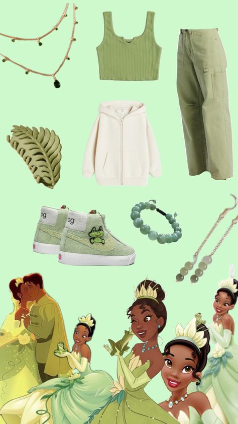 #tiana #tianaaesthetic #green #frogs #frog #modern #inspo #creamcolor #outfit #theprincessandthefrog Tiana Themed Outfit, Tiana's Outfits, Princess Tiana Outfit, Tiana Inspired Halloween Costume, Tiana Disneybound, Tiana Outfit Disney Princesses, Princess Tiana Modern Outfit, Tiana Princess Fashion, Tiana Disney