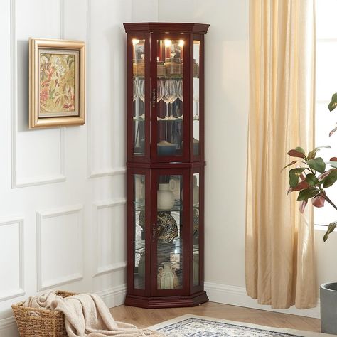 Enhance your living space with this exquisite 6-Shelf Lighted Corner Curio Display Cabinet, designed to showcase your cherished collectibles. Corner Curio Cabinet, Free Standing Display, Glass Curio Cabinets, Corner Curio, Curio Display, Curio Cabinets, Corner Storage Cabinet, Standing Display, Tempered Glass Door