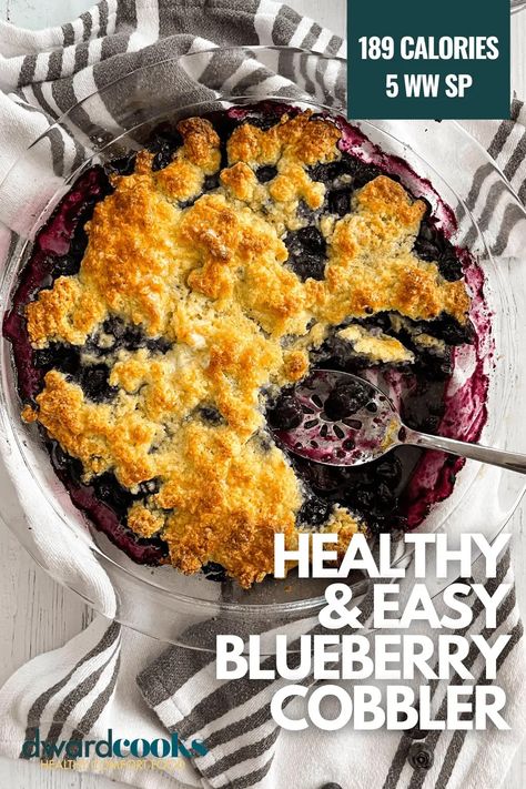 This easy blueberry cobbler with frozen blueberries is a fool proof recipe that taste like summer and it can be whipped up by even the most novice of bakers. Using frozen blueberries, you can make this summery dessert year round for a delicious and sweet dessert and it's surprisingly healthy-ish. Whether you are looking for a healthy dessert, Weight Watchers friendly dessert, or just a crowd pleasing summer dessert, this healthy blueberry cobbler is for you. Healthy Blueberry Cobbler, Using Frozen Blueberries, Easy Blueberry Desserts, Diet Friendly Desserts, Easy Blueberry Cobbler, Cherry Recipes Dessert, Trifle Dessert Recipes, Blueberry Cobbler Recipes, Easy Apple Crisp Recipe