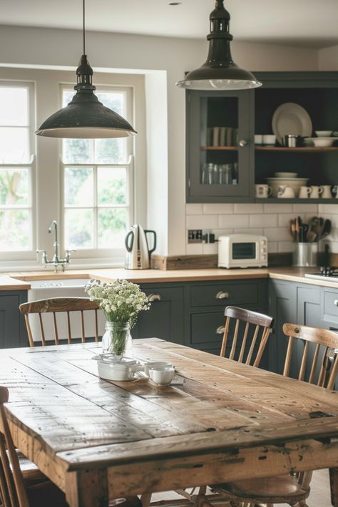 Create a Cozy Dining Space with Farmhouse Kitchen Furniture - Quiet Minimal Farmhouse Kitchen Furniture, Dining Farmhouse, Kitchen Furniture Ideas, Farmhouse Dining Rooms Decor, Dining Table Rustic, Minimalist Kitchen Design, Rustic Farmhouse Kitchen, Kitchen Farmhouse, Farmhouse Dining Room