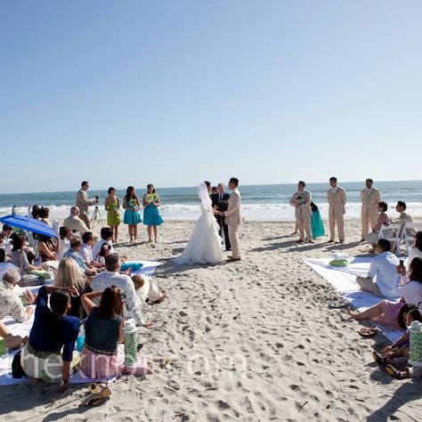 Four king-size sheets served as seating for the beach ceremony, with a few chairs for older guests. Wedding Ceremony Chairs, Small Beach Weddings, Beach Wedding Decorations Reception, Casual Beach Wedding, Simple Beach Wedding, Beach Wedding Centerpieces, Ceremony Chairs, Wedding Ceremony Photos, Pretty Beach