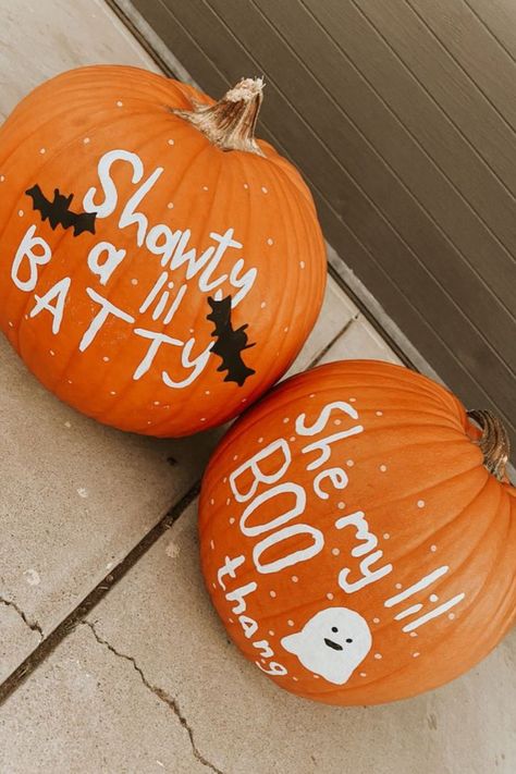 20 Spooky and Creative Pumpkin Painting Ideas You Can Recreate At Home - Its Claudia G Funny Easy Pumpkin Painting Ideas, Pumpkin Painting Ideas 2 People, Aesthetic Pumpkins Painting, Hey Boo Pumpkin Painting, Preppy Painting Pumpkins, Paint Your Own Pumpkin Party, Halloweentown Pumpkin Painting, Shawty A Lil Batty Pumpkin, Chick Fil A Pumpkin Painting