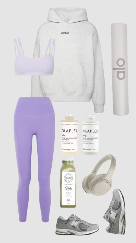 Unwind and rejuvenate with this adorable lilac outfit, ideal for your tranquil Sunday morning yoga sessions. 💜🧘🏻‍♀️ Elevate your yoga practice in comfort and style, and experience the serenity you deserve. Explore the perfect blend of relaxation and fashion for your morning zen. #outfitinspo #lilac #gym #gymoutfit #yoga #yogagirl #olaplex #alo #cleangirl #cleangirlaesthetic #vanillagirl #fitinspo #inspo #clothes Lilac Leggings Outfit, Purple Leggings Outfit, Clothes Shuffles, Alo Yoga Outfit, Activewear Inspiration, New York Outfits, Cute Gym Outfits, Relaxed Outfit, Yoga Outfit