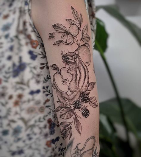 Added more to meighens sleeve today 😁 #chipmunktattoo #tattoo #dotworktattoo #cutetattoo | Instagram Woodland Arm Tattoo, Animal Tattoo Placement, Woodland Leg Sleeve Tattoo, Chipmunk Tattoo Ideas, Woodland Animal Tattoo Sleeve, Mom And Baby Animal Tattoo, Forest Sleeve Tattoo Women, Woodland Creature Tattoo, Wildlife Tattoo Sleeve