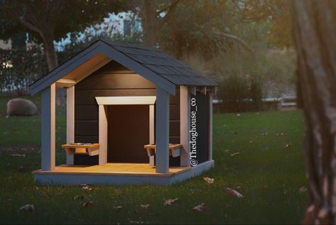 Such a beautiful home! Check out more footage of this home on our instagram @Thedoghouse_co Farmhouse Dog House, Dog Houses Outdoor, Dog House With Ac, Doghouse Ideas, Fancy Dog Houses, Dog Mansion, Dog House With Porch, Backyard Dog Area, Big Dog House