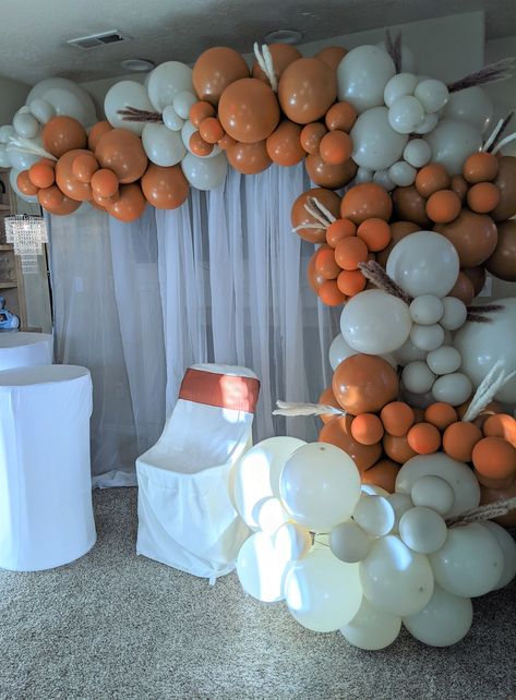 SLC birthday party with pipe and drape backdrop, chair covers and floral arrangements Drape Backdrop, Pipe And Drape Backdrop, Pipe And Drape, Chair Covers, Burnt Orange, Floral Arrangements, Rust, Birthday Party, Orange