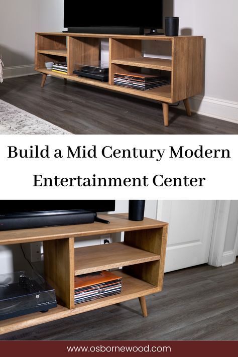 Image shows two photos of a custom built mid century modern entertainment center at different angles Diy Mid Century Modern Furniture Plans, Tv Stand Mid Century Modern, Mid Century Modern Entertainment Center, Diy Mid Century Modern Furniture, Tv Stand Plans, Diy Mid Century Modern, Studio Building, Mid Century Tv, Furniture Mid Century