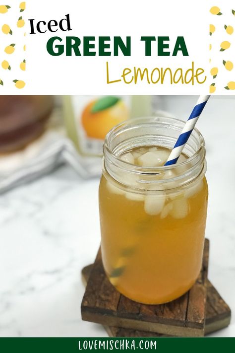 A bright yellow green tea lemonade with lots of ice cubes in a glass mason jar with a royal blue and white striped paper straw, in front of a bottle of pale yellow simply lemonade and a pitcher of reddish brown green tea concentrate. Iced Green Tea Lemonade, Tea Lemonade Recipe, Green Tea Lemonade Recipe, Iced Green Tea Recipe, Fruit Tea Recipes, Kid Drinks Recipes, Cold Brew Iced Tea, Green Tea Lemonade, Ginger Tea Recipe