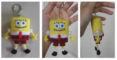 Welcome to TdcCrafts !: Crochet spongebob keychain Knitted Keyrings, Spongebob Keychain, Crochet Spongebob, Craft Keychain, Amigurumi Characters, Crochet Miniatures, Crochet Characters, Plastic Bag Crochet, Small Crochet Gifts