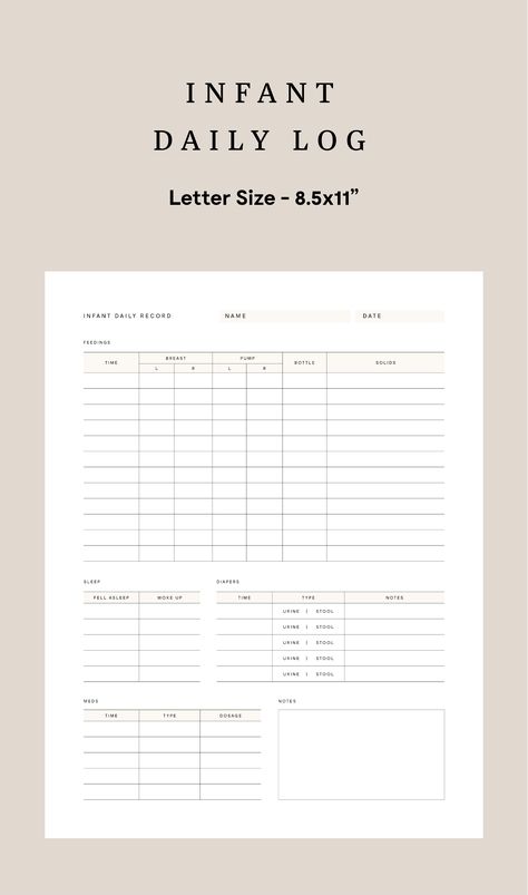 Infant Daily Log to keep track of your baby's feeding, diapering, sleeping, meds and more. Minimal, modern design and easy to use. Helpful when switching between caregivers for baby. Digital Download file. Print out on 8.5x11" paper as many times as needed or laminate and reuse. Newborn Daily Log, Newborn Feeding Chart, Baby Daily Log, Diaper Chart, Baby Chart, Daycare Organization, Baby Diary, Newborn Sleep Schedule, Baby Feeding Chart