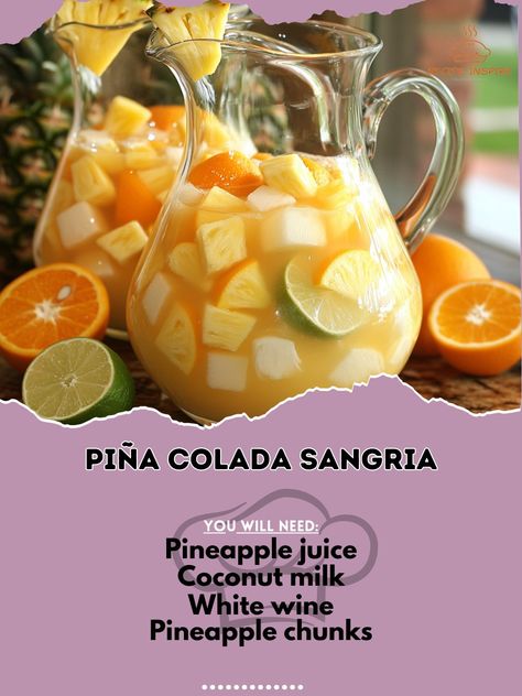 🍹 "Piña Colada Sangria—a tropical twist on sangria with pineapple and coconut flavors. Perfect for summer gatherings! 🍍🍹 #Sangria #TropicalDrinks" Piña Colada Sangria Ingredients: White wine (1 bottle, 750 ml) Pineapple juice (1 cup) Coconut milk (1/2 cup) Pineapple chunks (1 cup) Orange slices (1/2 cup) Lime slices (1/2 cup) Rum (1/4 cup, optional) Ice (as needed) Instructions: In a large pitcher, combine white wine, pineapple juice, and coconut milk. Add pineapple chunks, orange slices,... Sangria Ingredients, Pineapple And Coconut, Pineapple Chunks, Tropical Twist, Summer Gathering, Pineapple Juice, Orange Slices, Pina Colada, Sangria