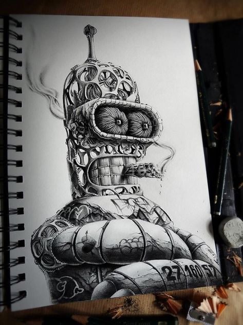 1653434_10151904638412274_901027677_n Pez Artwork, Really Cool Drawings, Graphite Drawings, Futurama, Sleeve Tattoo, French Artists, Pencil Art, Drawing Techniques, Pencil Drawing