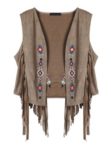 Fashion Suede Leather Embroidered Lapel Collar Tassel Vest Jacket Tassel Vest, Black Waistcoat, Boho Embroidery, Fringe Vest, Suede Vest, Embroidered Skirt, Sleeveless Jacket, Ethnic Fashion, Vest Dress