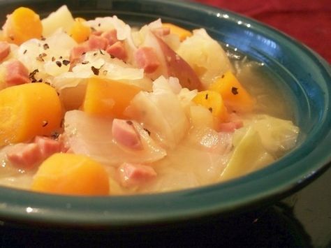 Christmas Cabbage Soup Recipe - Food.com Pork Hock Soup, Ham Bone Recipes, Ham Hock Soup, Ham Hock Recipes, Ham And Cabbage Soup, Ham And Cabbage, Boiled Cabbage, Ham Hocks, Boiled Dinner