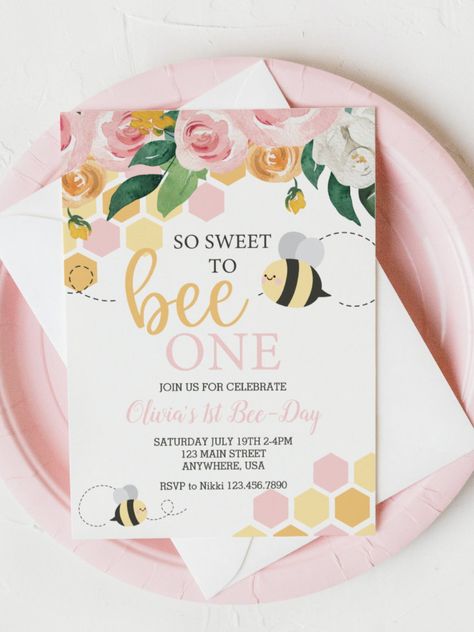 Bee Day bumblebee 1st Birthday pink floral Invitat Invitation So Sweet to Bee One! Flora and pink bee-day first Bee Party Ideas 1st Birthdays, Babygirl 1st Birthday Party Themes, First Birthday Girl Ideas Themes, Bee Themed 1st Birthday Party Girl, Baby Girl 1st Birthday Bee Theme, Sweet To Bee One Birthday Party, Sweet As Can Bee First Birthday, Happy First Bee Day, 1st Birthday Girl Bee Theme