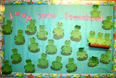 First Day of Preschool « Upward and Onward Beginning Of Preschool Crafts, Frog Classroom Decorations, Primrose School, Frog Bulletin Boards, Preschool Bulletin Board, Toddler Bulletin Boards, Frog Classroom, Ideal Classroom, Preschool Classroom Setup