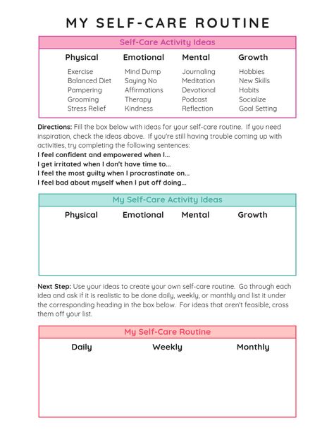 Self-care routine worksheet. A free printable worksheet to help you create a self care routine. Self care ideas for your body and mind that you can turn into a daily, weekly, and monthly self care routine. #printables #selfcare #selflove #freeprintable #selfcareroutine #selfcareroutineworksheet #selfcareworksheet Daily Self Care Routine Template, Creating A Self Care Routine, Self Care Monthly Routine, Self Care Categories, Self Care Action Plan, Creating A Daily Routine, Self Care Worksheets For Women, Self Care Worksheet Free Printable, Wellbeing Worksheet