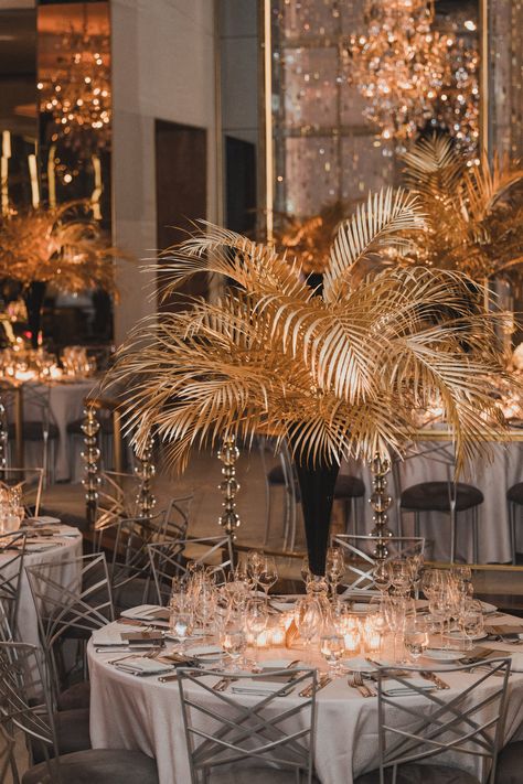 Golden Centerpieces, 1920 Shanghai, Palm Leaf Centerpiece, Black And Gold Centerpieces, Gatsby Decor, Gala Centerpieces, Calla Lily Centerpieces, Art Deco Centerpiece, Gatsby Event