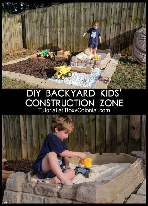 Make your own backyard kids' construction zone. Easy weekend diy project to make your kids' play area way more fun. Construction Play Area, Outdoor Kids Play Area, Backyard Kids, Backyard Playset, Kids Construction, Play Area Backyard, Backyard Kids Play Area, Outdoor Play Areas, Construction For Kids