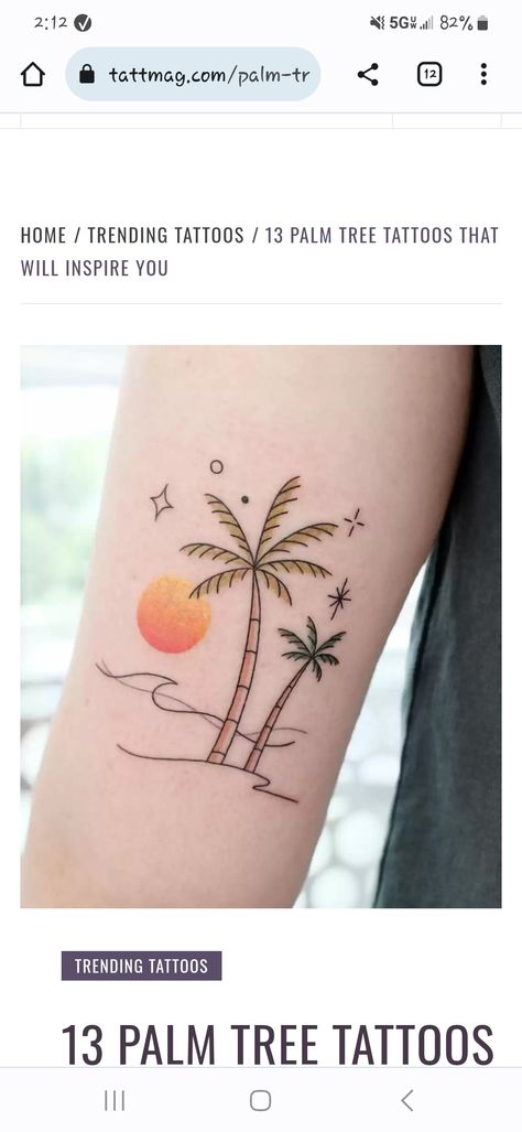 Turks And Caicos Tattoo Ideas, Palm Tree And Water Tattoo, Palm Tree Waves Tattoo, Palm Tree And Sunset Tattoo, Palm Tree Sun Tattoo, Palm Tree And Sun Tattoo, Wave And Palm Tree Tattoo, Palm Tree Tattoos For Women, Palm Size Tattoos Ideas